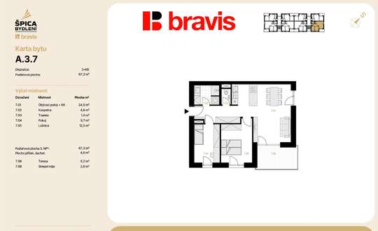 Prodej bytu 3+kk 76,1 m2 (A3-7) v novém projektu Špica bydlení, Brno - Tuřany, sklep, balkon, parkování.