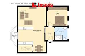 Prodej komfortního bytu 2+kk, ul. Veleckého, Brno-Židenice, balkon