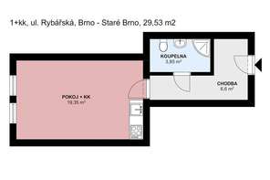 Pronájem velmi pěkného bytu 1+kk, Brno - Staré Brno, ul. Rybářská, nezařízený