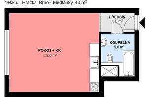 Pronájem bytu v novostavbě 1+kk, částečně zařízený, pěkná lokalita, ul. Hrázka, Brno - Medlánky v blízkosti IBM