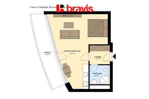 Pronájem pěkného a světlého 1+kk, Brno - Štýřice, ul. Vídeňská, novostavba, terasa, sklep