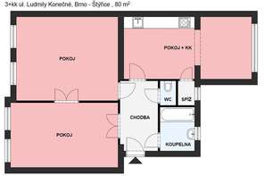 Pronájem prostorného bytu 3+kk, 80 m², ul. Ludmily Konečné, Brno - Štýřice, terasa do vnitrbloku