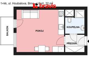 Pronájem bytu 1+kk, ul. Houbalova, Brno - Líšeň, balkon, garážové stání, zařízený
