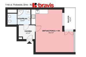 Pronájem prostorného bytu 1+kk, ulice Podveská, Brno-Komín, kompletně zařízený, výtah, balkón, internet v ceně nájmu, vnitroblok, bezproblémové parkování