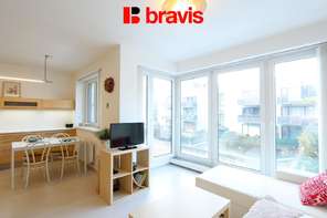 Pronájem prostorného bytu 1+kk, ulice Podveská, Brno-Komín, kompletně zařízený, výtah, balkón, internet v ceně nájmu, vnitroblok, bezproblémové parkování