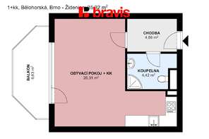 Prodej hezkého bytu 1+kk s balkónem 42m2, ul. Bělohorská, Brno - Židenice, parkování, sklep