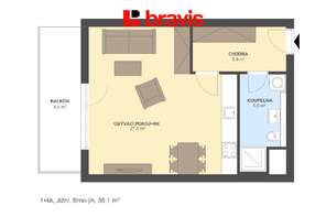 Pronájem novostavby bytu 1+kk 40 m², balkon, sklep, parkovací stání, Brno - Horní Heršpice, ulice Jižní