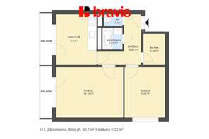 Prodej bytu 2+1 se šatnou, 51 m² a dvěma lodžiema 6,2 m2, Brno – ulice Záhumenice