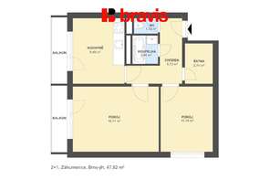 Prodej bytu 2+1 se šatnou  47,82 m² a dvěma balkony, Brno – ulice Záhumenice