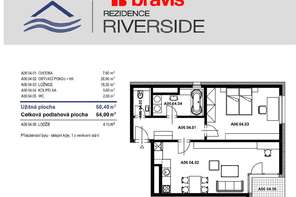 Prodej moderního bytu 2+kk, ul. Poříčí, Brno - Pisárky, rezidence Riverside, sklep, balkon, parkovací stání