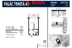 Pronájem zařízeného ateliéru 1+kk, Palác Trnitá, balkon, sklep, garážové stání