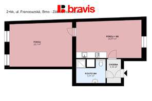 Pronájem bytu 2+kk, Brno - Zábrdovice, ul. Francouzská, výtah, po kompletní rekonstrukci