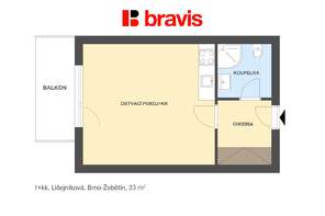 Apartment for rent 1+kk, Brno - Kamechy, Lišejníková street, balcony, cellar