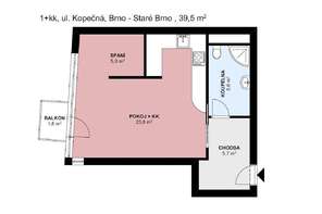 Pronájem bytu 1+kk, Brno - střed, ulice Kopečná, kompletně zařízený, balkón, s internetem, možnost parkování v domě