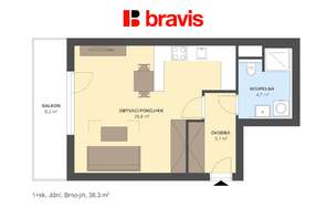 Apartment for rent 1+kk 38 m² South, Brno - Horní Heršpice, new building, balcony