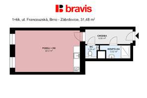 Pronájem bytu 1+kk, Brno - Zábrdovice, ul. Francouzská, výtah, parkování