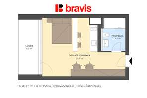 Pronájem 1+kk, Královopolská ul. Brno – Žabovřesky, zařízený, wifi v ceně