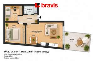 Prodej bytu 3+kk s terasou 79 m², ul.Cejl, terasa, sklep, parkovací stání