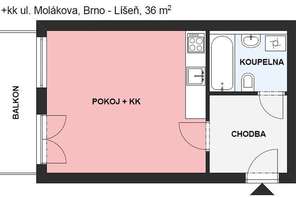 Pronájem bytu 1+kk, Brno - Líšeň, ulice Molákova, zařízený, balkon, sklep