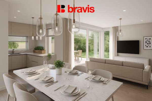 Prodej moderní, nízkoenergetické novostavby, byt 4+kk, 80,6m², Tuřany, zahrada 57,6m², dvě terasy, možnost sklepa a parkování