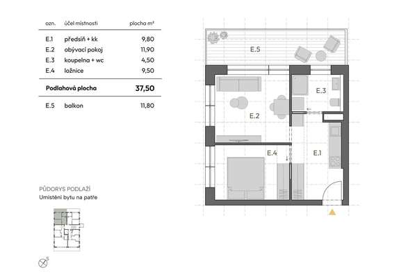 Prodej nadstandardního bytu 2+kk, 49,3 m², s balkonem a sklepem, Horní Heršpice, možnost parkování