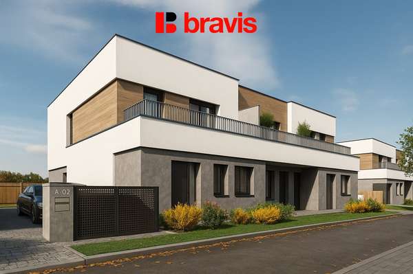 Prodej moderního, nízkoenergetického bytu 3+kk ve viladomě, 90,2 m², Brno - Tuřany, 2 terasy, zahrádka 32,7 m², parkování