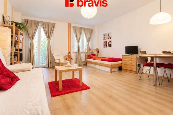 Pronájem bytu 1+kk, Brno - Líšeň, ulice Molákova, zařízený, balkon, sklep
