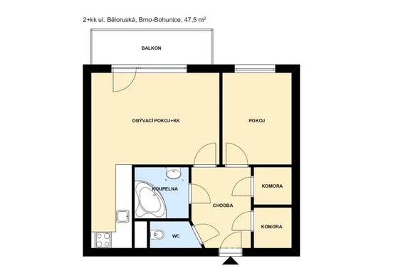 Pronájem bytu 2+kk, Brno - Bohunice, ul. Běloruská, 2 komory, sklep, balkon