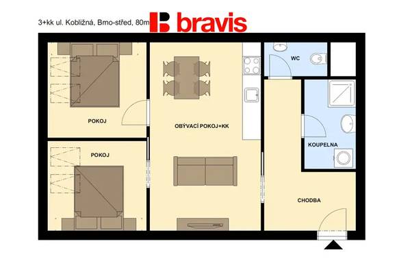 Pronájem nadstandartního bytu 3+kk, Brno - centrum, ul. Kobližná, zařízený, klimatizace, internet v ceně