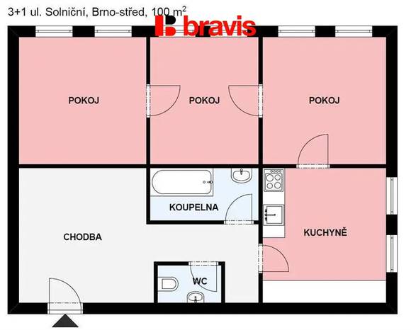 Pronájem prostorného bytu 3+1, ulice Solniční, Brno - centrum, zařízený.