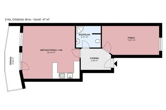 Pronájem slunného bytu 2+kk, ul. Cihlářská, Brno-střed-Veveří, 54 m2, terasa, částečně zařízený, výtah