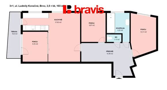 Pronájem bytu 3,5+kk, Brno - město, terasa 18m2, sklep, parkování