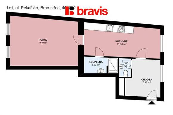 Pronájem velmi pěkného bytu 1+1, Brno - střed, ul. Pekařská, nezařízený, centrum města, atraktivní lokalita pod Špilberkem