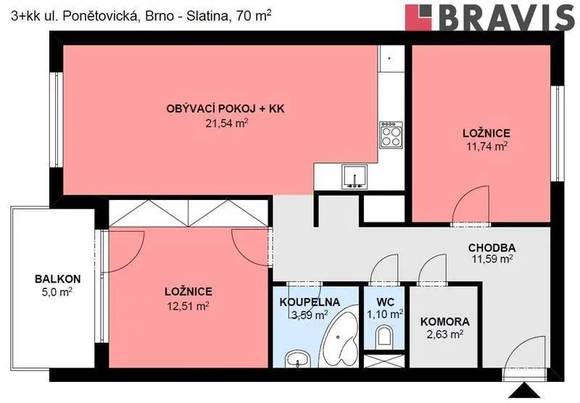 Pronájem bytu 3+kk, Brno - Slatina, ul. Ponětovická, novostavba,  balkon, částečně zařízený