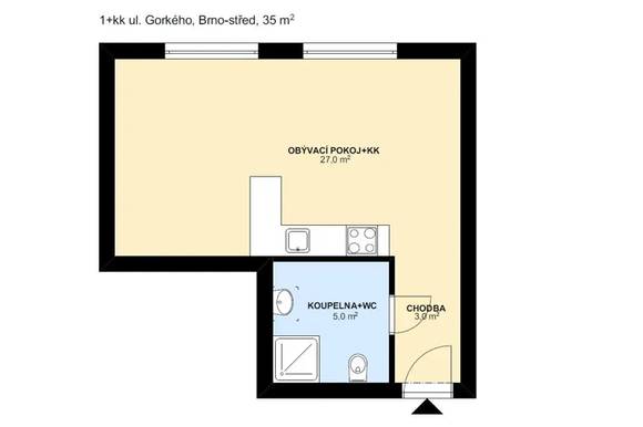 Pronájem zařízeného  bytu 1+kk, žádaná lokalita Veveří, ulice Gorkého