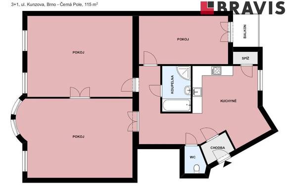 Pronájem slunného bytu 3+1, Brno - Černá Pole, ul. Kunzova, 115  m<sup>2</sup>, po rekonstrukci, balkon, spíž, atraktivní lokalita v blízkosti Lužáneckého parku