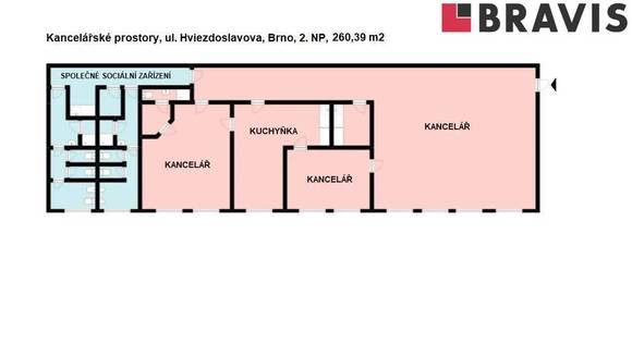 Pronájem nezařízených reprezentativních kancelářských prostor, 259,1  m<sup>2</sup>, Brno - Slatina, ul. Hviezdoslavova, 2x kuchyňka, 2x sociální zázemí se sprchou, 4x parkování + PŘÍRUČNÍ SKLAD 106,14  m<sup>2</sup> V CENĚ