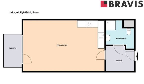 Pronájem novostavby bytu 1+kk, Brno, ul. Rybářská - centrum, částečně zařízený, balkon, atraktivní lokalita