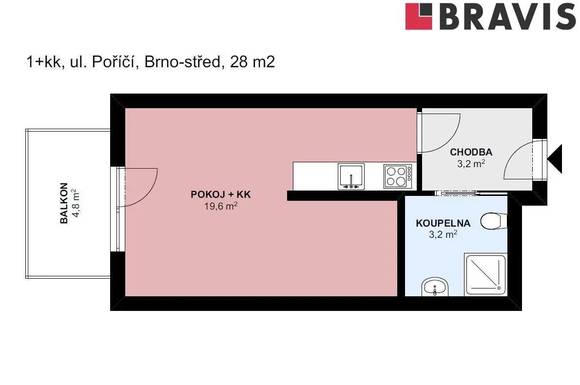 Pronájem bytu 1+kk, Brno - střed, ulice Poříčí, novostavba, rezidence Riverside, balkon, sklep, parkování