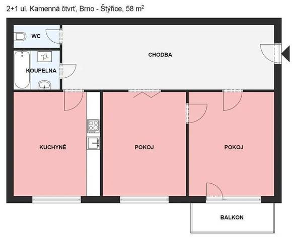 Pronájem bytu 2+1 Brno - Štýřice, Kamenná ulice, balkón, internet v ceně