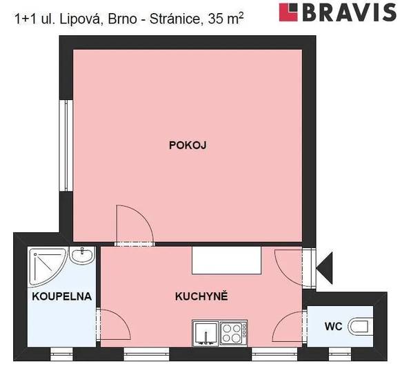 Pronájem bytu 1+1, Brno - Stránice, ul. Lipová, částečně zařízený, 2x terasa