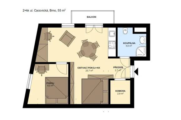 Pronájem bytu 2+kk, Brno - Husovice, Cacovická ulice, zařízený, balkon, sklep, parkování