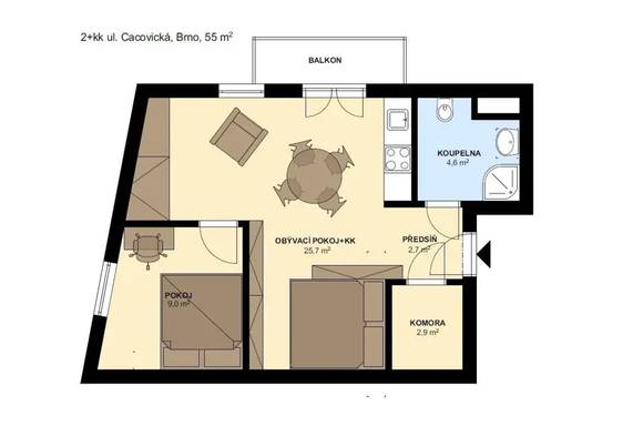 Pronájem bytu 2+kk, Brno - Husovice, Cacovická ulice, zařízený, balkon, sklep, parkování