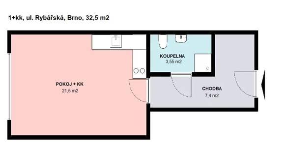 Pronájem velmi pěkného bytu 1+kk, Brno - Staré Brno, ul. Rybářská, nezařízený