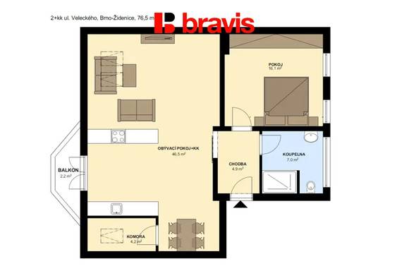 Prodej komfortního bytu 2+kk, ul. Veleckého, Brno-Židenice, balkon