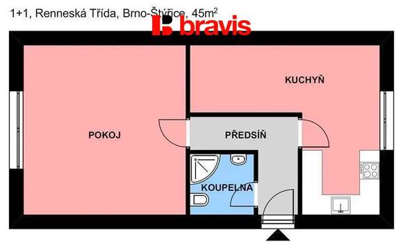 Pronájem bytu 1+1, Brno - Štýřice, ul. Renneská třída, zařízený, po rekonstrukci, v blízkosti Spielberk Office Centre