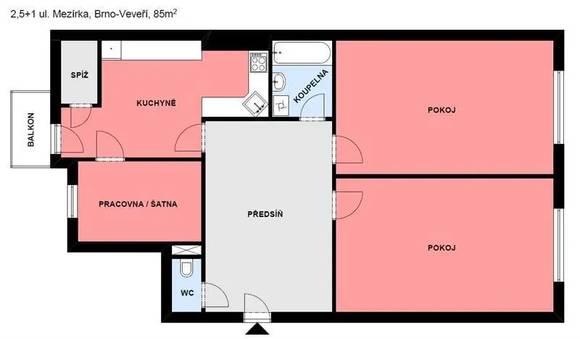 Pronájem bytu 2+1, Brno - střed, ul. Mezírka, 2x balkon, částečně zařízený