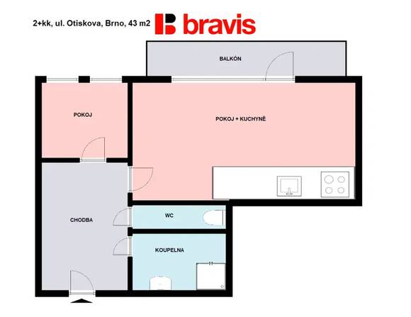 Pronájem bytu 2+kk, ulice Otiskova, Brno - Líšeň, balkon, sklep