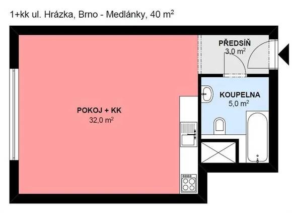 Pronájem bytu v novostavbě 1+kk, částečně zařízený, pěkná lokalita, ul. Hrázka, Brno - Medlánky v blízkosti IBM