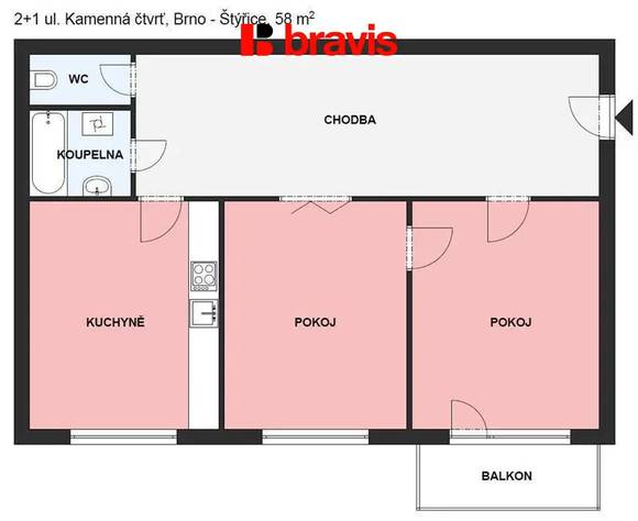 Pronájem bytu 2+1 Brno - Štýřice, Kamenná ulice, balkón